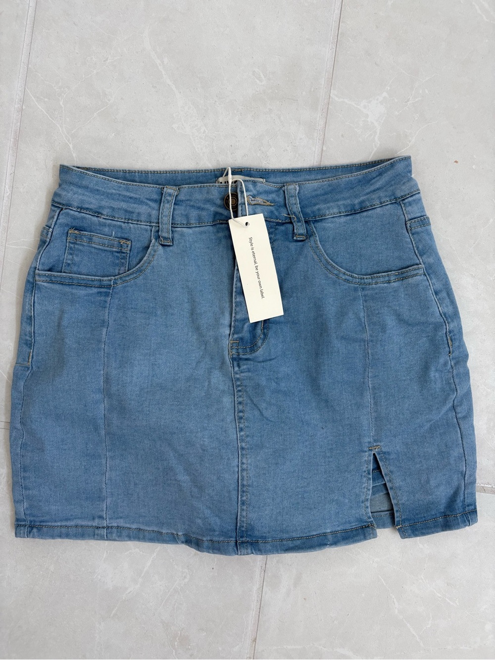 Light Blue Denim Mini Skirt with Front Slit